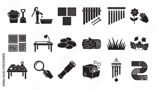 Discover a varied collection of black glyph icons showcasing tactile sensory objects musical instruments nature elements and educational tools perfect for childrens learning and