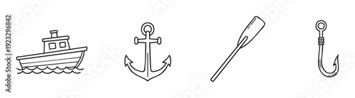 A collection of nauticalthemed linear icons featuring a boat, anchor, oar, and fishing hook, perfect for marine, ocean, or fishing related projects and promotions