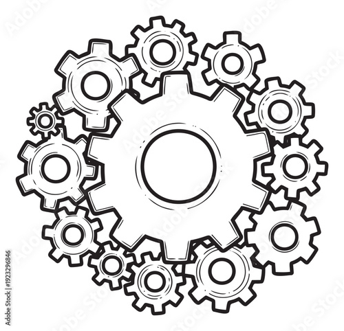 A cluster of interconnected mechanical gears forming a complex system representing industry engineering teamwork and problem solving for business or technological presentations