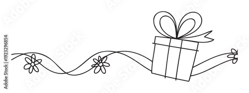 Charming monochrome outline of a special gift package adorned with a celebratory bow and whimsical floral accents, ideal for anniversaries, birthdays, and festive occasions.