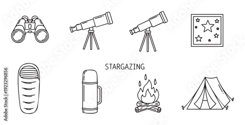Collection of stargazing and camping equipment icons including binoculars, telescopes, sleeping bag, campfire, tent, and thermos for outdoor adventure publications or astronomical hobby