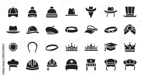Extensive collection of diverse headwear icons, featuring hats, caps, crowns, and essential accessories for modern web and mobile application interfaces