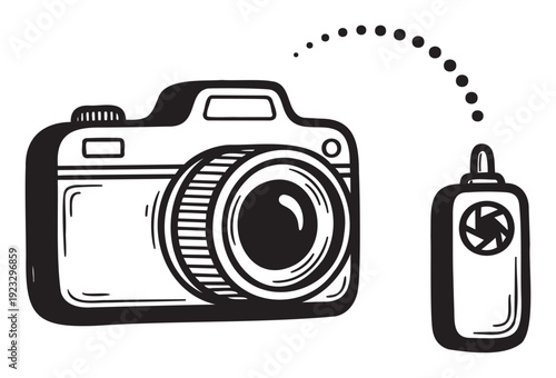 A graphic drawing depicts a camera and a sunscreen bottle linked by a dotted line, ideal for travel blogs, summer vacation promotions, or photography equipment guides