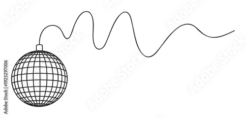 Dynamic disco ball outline with an energetic wavy line symbolizing music and celebration, perfect for event promotion and lively graphic design projects