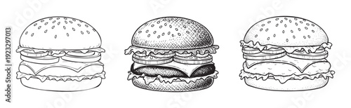 A set of hand drawn hamburger sketches perfect for restaurant menus food packaging posters or culinary blog graphics showcasing classic American fast food dishes
