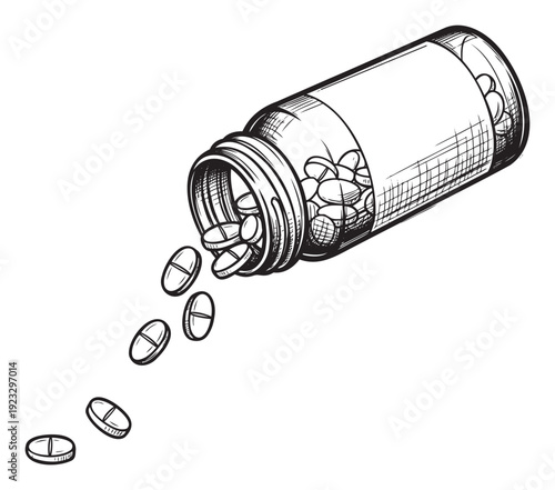 Detailed black and white sketch of a medicine bottle with pills spilling out, ideal for conveying concepts of health, medication, or wellness in medical and pharmaceutical contexts