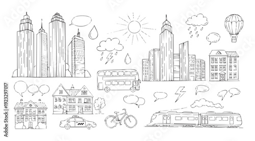 Hand drawn outline collection featuring diverse urban and suburban architectural structures, various transportation methods, and weather symbols, ideal for graphic design projects and