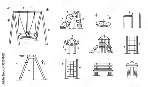 Comprehensive collection of outdoor playground equipment and park amenities, including swings, slides, climbing structures, and seating, ideal for recreational and educational applications