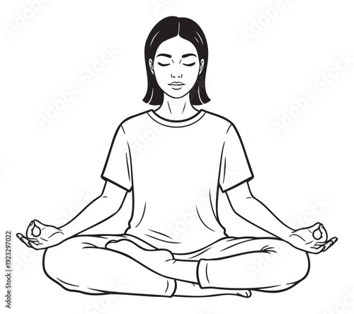 Peaceful Asian woman meditating in a serene crosslegged position with closed eyes and gyan mudra hands, ideal for promoting calm, focus, and spiritual wellbeing in health and lifestyle