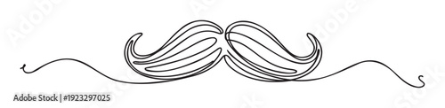 Simple elegant continuous line depiction of a stylish curly mustache with decorative swirls on each side, perfect for Movember events, barber shop branding, or personal accessory promotions.
