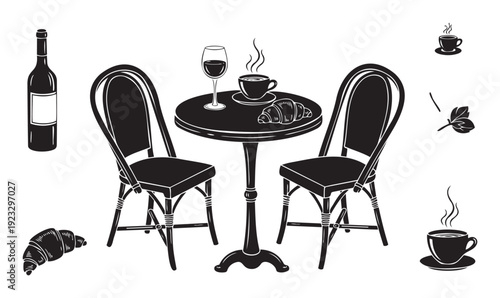 Collection of French cafe and bistro elements including table, chairs, coffee, wine, and croissants, ideal for restaurant menus, branding, or decorative purposes.