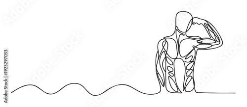 Continuous line drawing depicting a strong and athletic male bodybuilder flexing his bicep, suitable for fitness and sports branding, health promotions, or gym motivational materials.