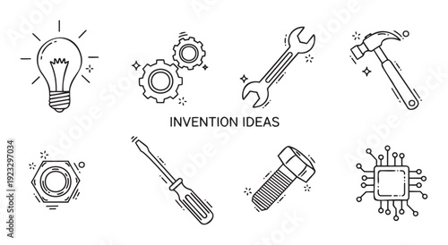 Collection of linear icons depicting core invention and engineering ideas including a lightbulb, gears, essential tools, fasteners, and a microchip, perfect for industrial innovation