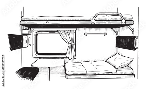 Vintage train sleeper compartment interior showing bunk beds window and table perfect for depicting transportation journeys and overnight travel