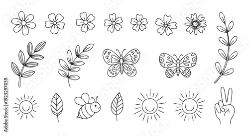 Hand drawn outline nature objects including cheerful flowers and blooming plants a flying bee happy suns and a peace hand sign for decoration