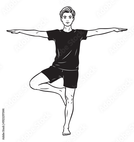 Young man practicing balancing yoga pose with arms outstretched promoting wellness and mindful fitness for health and exercise applications