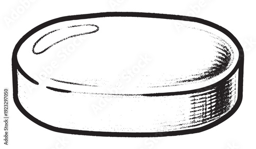 Rough black and white sketch of a round, flat object, like a hockey puck or disc, featuring expressive lines and grainy texture, suitable for grunge aesthetic projects or conceptual layouts.