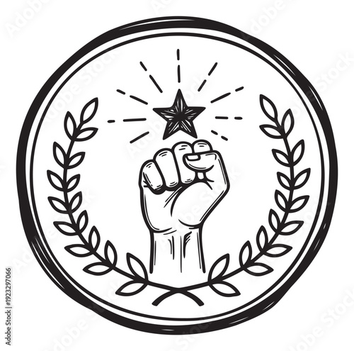 Dynamic graphic of a raised clenched fist aiming for a shining star within a laurel wreath emblem symbolizing strength victory and ambition for movements empowerment and success