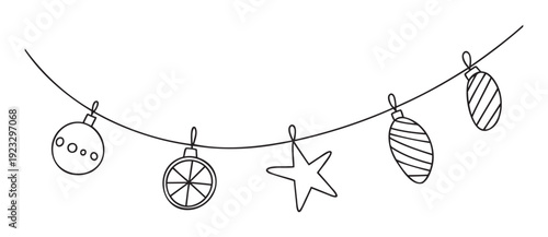 Simple black and white line drawing of a festive Christmas garland string with various hanging ornaments including star, striped ovals, and round designs, suitable for seasonal greetings or