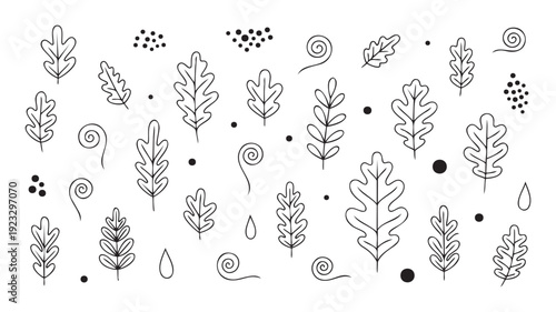 A charming collection of simple black outline leaves, spirals, dots, and raindrops ideal for autumn themed graphic projects, childrens books, or seasonal decorations.
