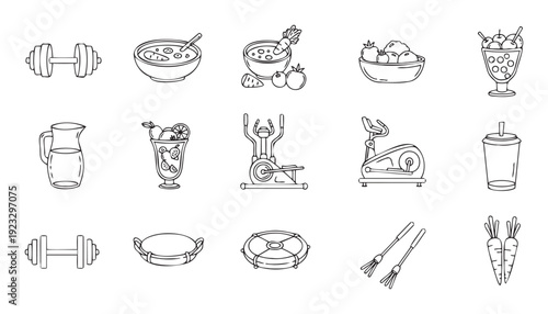 Collection of handdrawn line icons depicting healthy food, refreshing drinks, and fitness equipment for wellness, diet, cooking, and exercise themed graphic projects