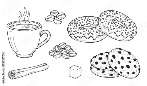 Collection of breakfast and dessert elements featuring a warm coffee beverage, sweet donuts, chocolate chip cookies, coffee beans, and spice for food menus.