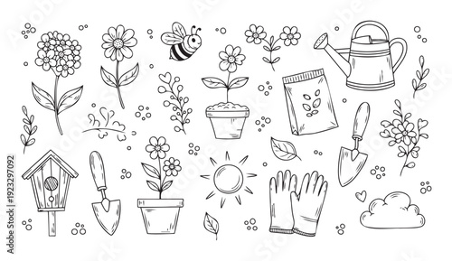 A charming collection of handdrawn garden elements including flowers, tools, and nature doodles, perfect for springtime themes or crafting projects