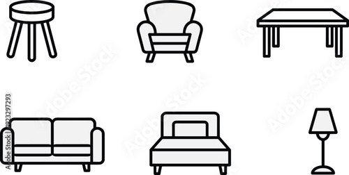 Modern furniture line icons set featuring stool, armchair, sofa, bed, table and floor lamp isolated on white background vector illustration minimalist home decor collection