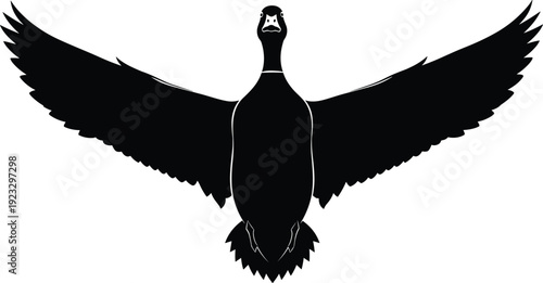 Goose or duck silhouette in flight, wings extended upward, black vector illustration, wildlife bird design, minimal background art