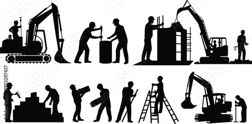 Silhouettes of Construction Workers and Heavy Excavator Machinery on Industrial Building Site, Engineering Labor Teamwork and Urban Infrastructure Development Concept Illustration Banner Design 
