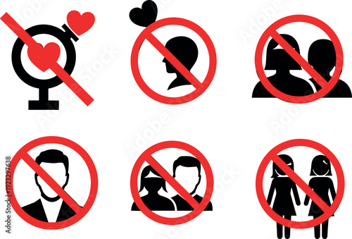 No love and relationship prohibition icon set illustrating forbidden romance, restricted dating, broken heart rules, and social interaction bans in bold red warning symbols