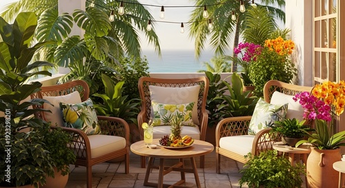 Tropical balcony oasis with comfortable seating and lush greenery, illuminated by string lights, offering a serene escape with ocean views