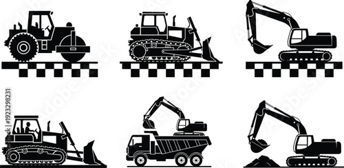 Black silhouette set of construction machinery including excavator, bulldozer, road roller, and dump truck isolated on white background for industrial building.