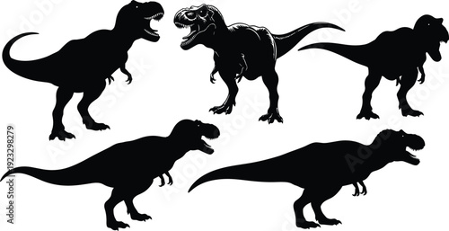 Tyrannosaurus rex dinosaur silhouettes illustration set, prehistoric wildlife vector artwork, paleontology design graphics, educational icons collection, fossil symbol