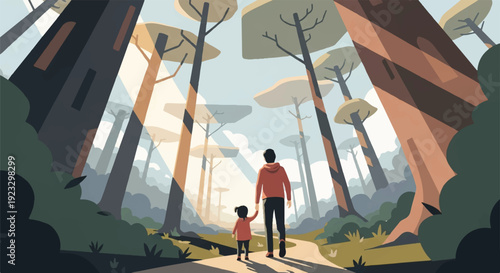 Nurturing Future Journeys: Father and Daughter's Uplifting Walk Through a Vibrant Forest