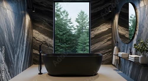 Modern bathroom with a sleek black tub, dramatic marble walls, and a large window offering a peaceful forest view, blending luxury and natural serenity