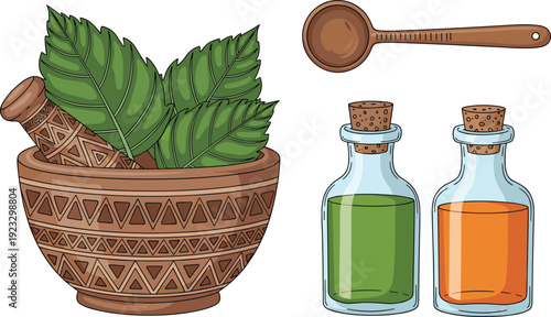 Herbal Medicine Illustration Set with Wooden Mortar and Pestle, Green Leaves, Essential Oil Glass Bottles, and a Wooden Spoon Vector Art