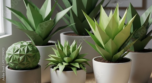 Stylish collection of handcrafted geometric paper plants in white pots, modern minimalist indoor decoration concept