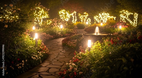 Enchanting garden path illuminated by festive lights and a serene fountain, creating a magical nighttime ambiance