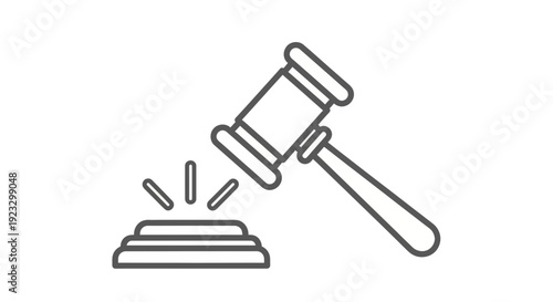 A classic wooden gavel strikes its sound block with impact, representing legal decisions, auctions, and judicial authority in a clear outline style.