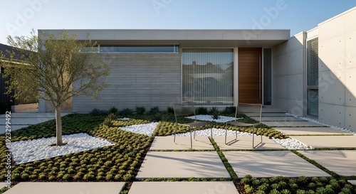 Modern Architectural Residence with Geometric Landscaping and Minimalist Design