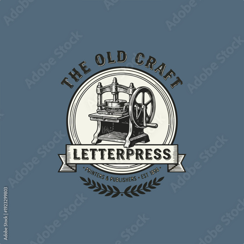 Vintage printing press logo, engraved typography elements.eps
