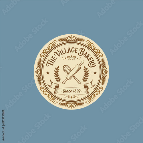 Vintage bakery logo seal, ornate frame border.eps
