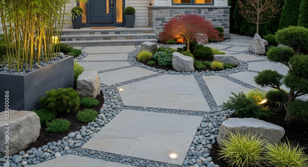 Fototapeta premium Beautifully landscaped backyard garden pathway with modern stone paving and lush green plants