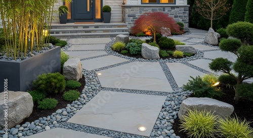 Beautifully landscaped backyard garden pathway with modern stone paving and lush green plants