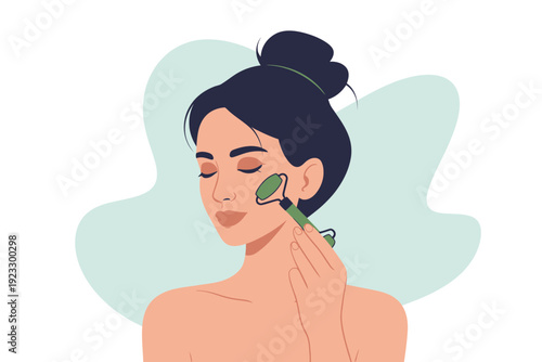A woman using a jade roller for facial massage and skincare routine