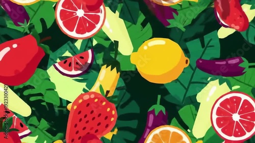 Vibrant fruits and vegetables are scattered among lush green leaves, creating a colorful and lively pattern.