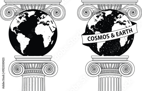 Antique Greek Ionic Column Holding Earth Globe Vector Illustration Featuring Cosmos and Earth Banner Isolated on White Background for Academic Design
