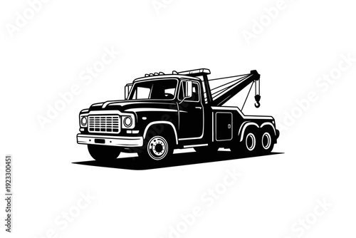 A black and white vector illustration of a classic tow truck with a flat design style