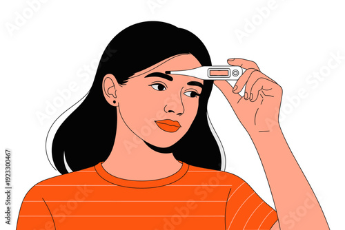 A woman checks her temperature with a thermometer due to illness or fever